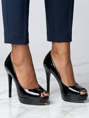 Diba London Stiletto Heels Black Patent Leather Peep Toe Platform Y2K Chic 7.5